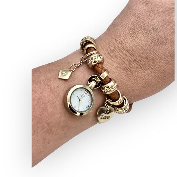 NY & Co Charm Bracelet Watch – Brown Braided Leather – Rhinestone Accents - Picture 3 of 9